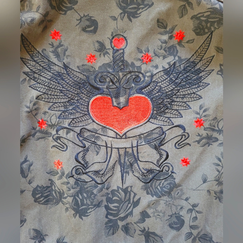 Signature8 | Olive Edgy Military Style Floral Embroidered Utility Jacket - Picture 12 of 12